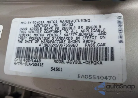 2003 Toyota Camry Xle from USA, damaged, VIN 4T1BE32K93U753660